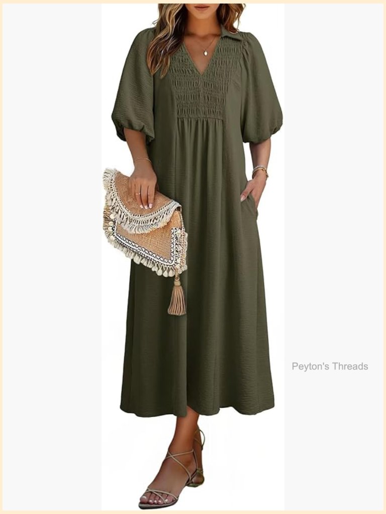 V Neck Puff Sleeve Empire Waist A-Line Maxi Dress Casual Summer